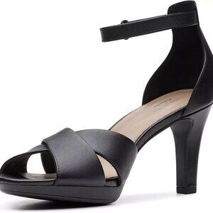 Clarks Adriel Cove Ankle Strap Heels DRESS Black Leather Sandals 12 M